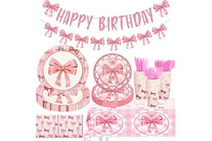 YMDOBIGER Pink Bow Party Supplies, Coquette Birthday Decorations with Plates Napkins Cups Banner Tablecloth Disposable Tableware Set for Girls Bachelorette Party, Serve 20