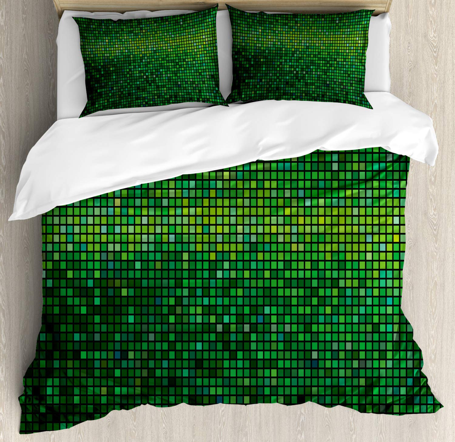 Ambesonne Green Duvet Cover Set, Abstract Vibrant Square Pixel Mosaic Design Geometric Technology Theme Digital Grid Print, Decorative 3 Piece Bedding Set with 2 Pillow Shams, Queen Size, Green