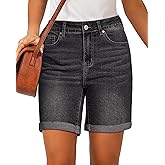 luvamia Jean Shorts for Women High Waisted Trendy Causal Summer Fold Hem Stretchy Long Denim Shorts 7 Inch Inseam