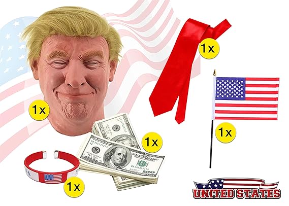 TK Gruppe Timo Klingler Donald Trump Set - Fasching Karneval Maske Poltiker, Perücke aus Latex, Krawatte rot, amerikanische U