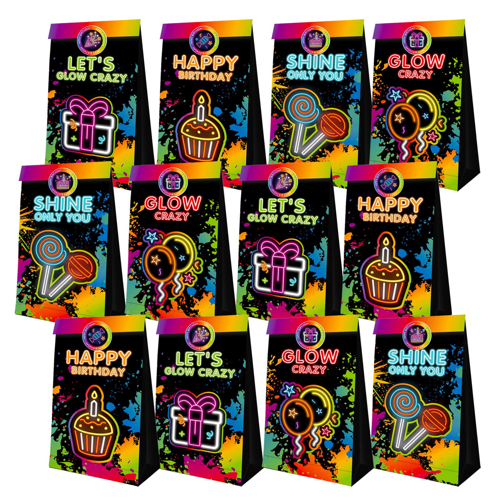 Photo 1 of PERFQU 24 Pcs Glow in Dark Gift Bags, Glow in The Dark Party Supplies - Glow Party Favor Bag, Neon Goodie Bags, Paper Treat Candy Bag for Kids' Birthday Party and Glows Neon Party Decorations