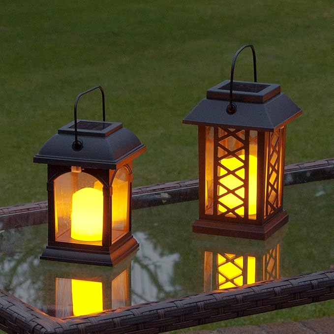 Garden Candle Lantern Solar Powered Flickering Effect Amber LED