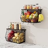 2 Pack Hanging Wall Fruit Basket for Kitchen Counter, Stackable Wire Basket for Fruit, Vegetable, Potato and Onion Storage, Wall-Mounted Fruit Holder with Wood Lid, Banana Hooks & Metal Handles