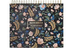 Fringe Studio Dark Floral Large Spiral Sketchbook – 11" x 9" Hardcover Artist Drawing Pad, 80 Perforated Sheets (530345)