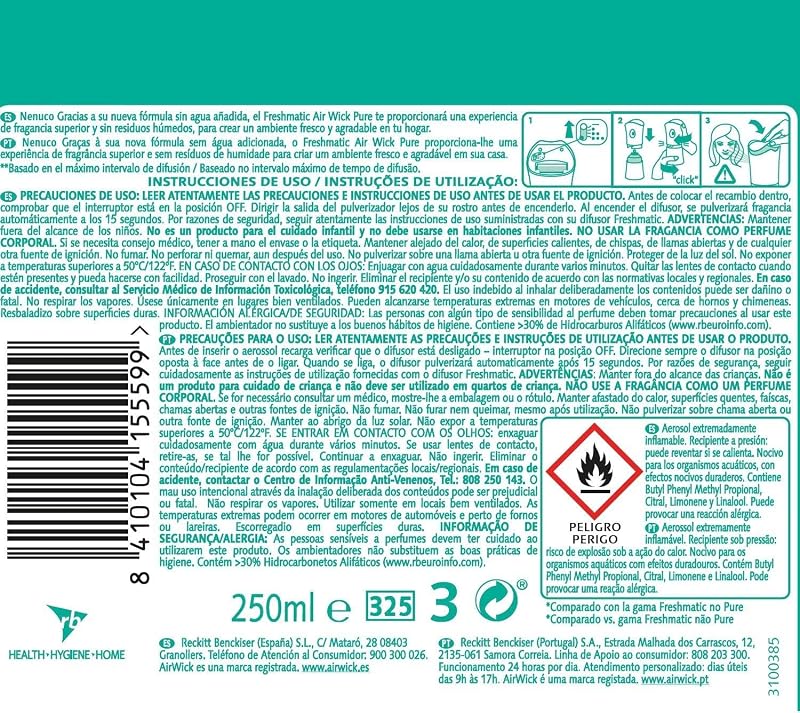 Freshmatic - Recambios de ambientador spray automático, esencia para casa con aroma a nenuco - Azul, 250 ml (Paquete de 6)