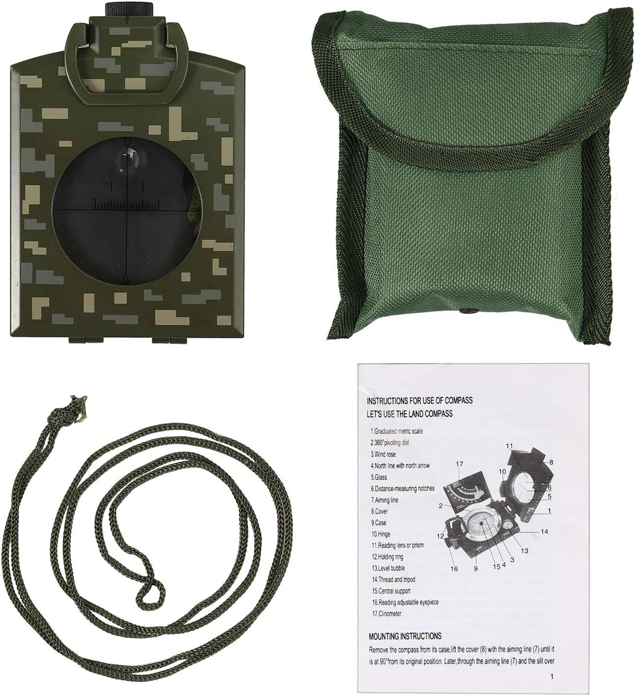 Proster IP65 Compass Camouflage with Sighting Clinometer Military Compass Metal Camping Compass Professional for Camping Hunting Hiking Geology Activities : Sports & Outdoors