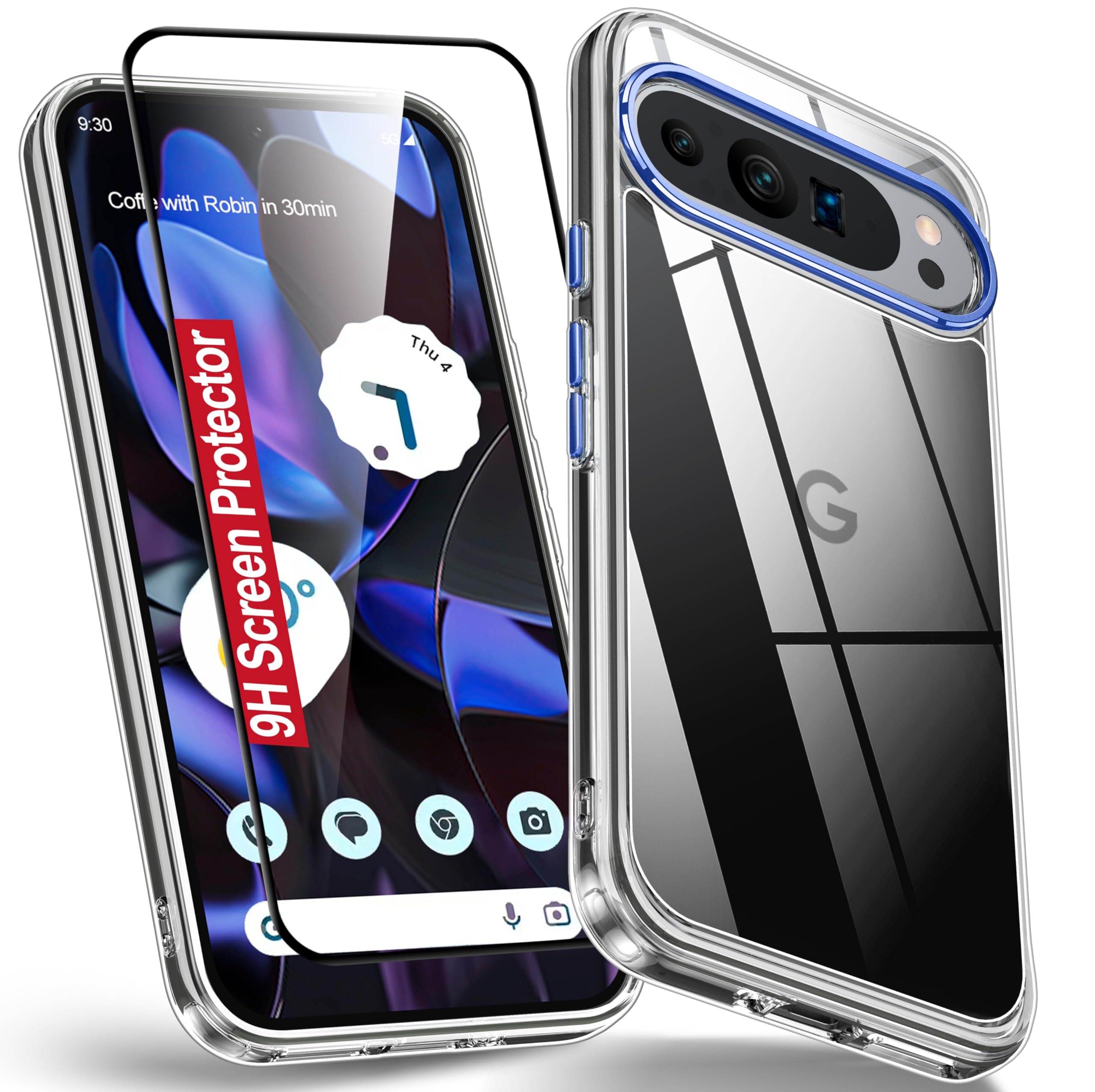 Oterkin for Google Pixel 9 Pro XL Case Clear, [20X Anti-Yellowing] Transparent Shockproof Pixel 9 Pro XL Phone Case with [Tempered Glass Screen Protector][Built-in 4 Airbags][10FT Military] (Blue)