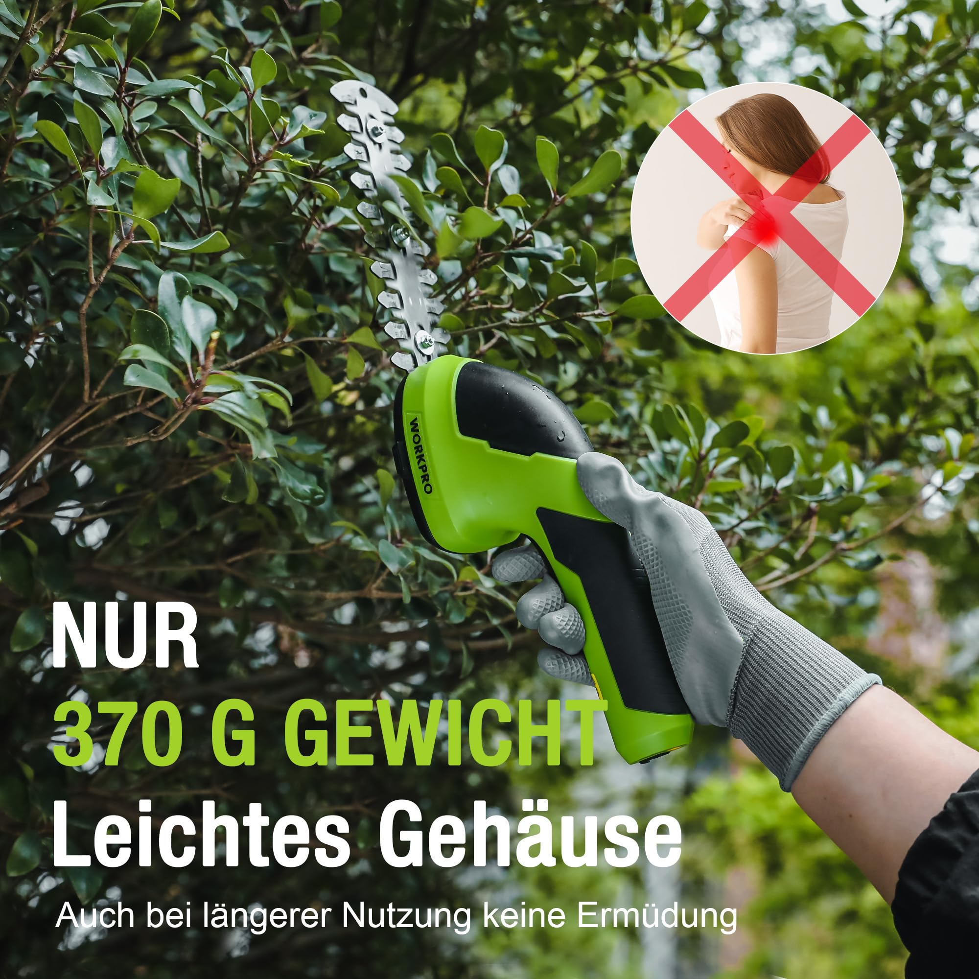 WORKPRO Gartenschere Akku 7,2V Grün, Handliche Grasschere Elektrisch 9