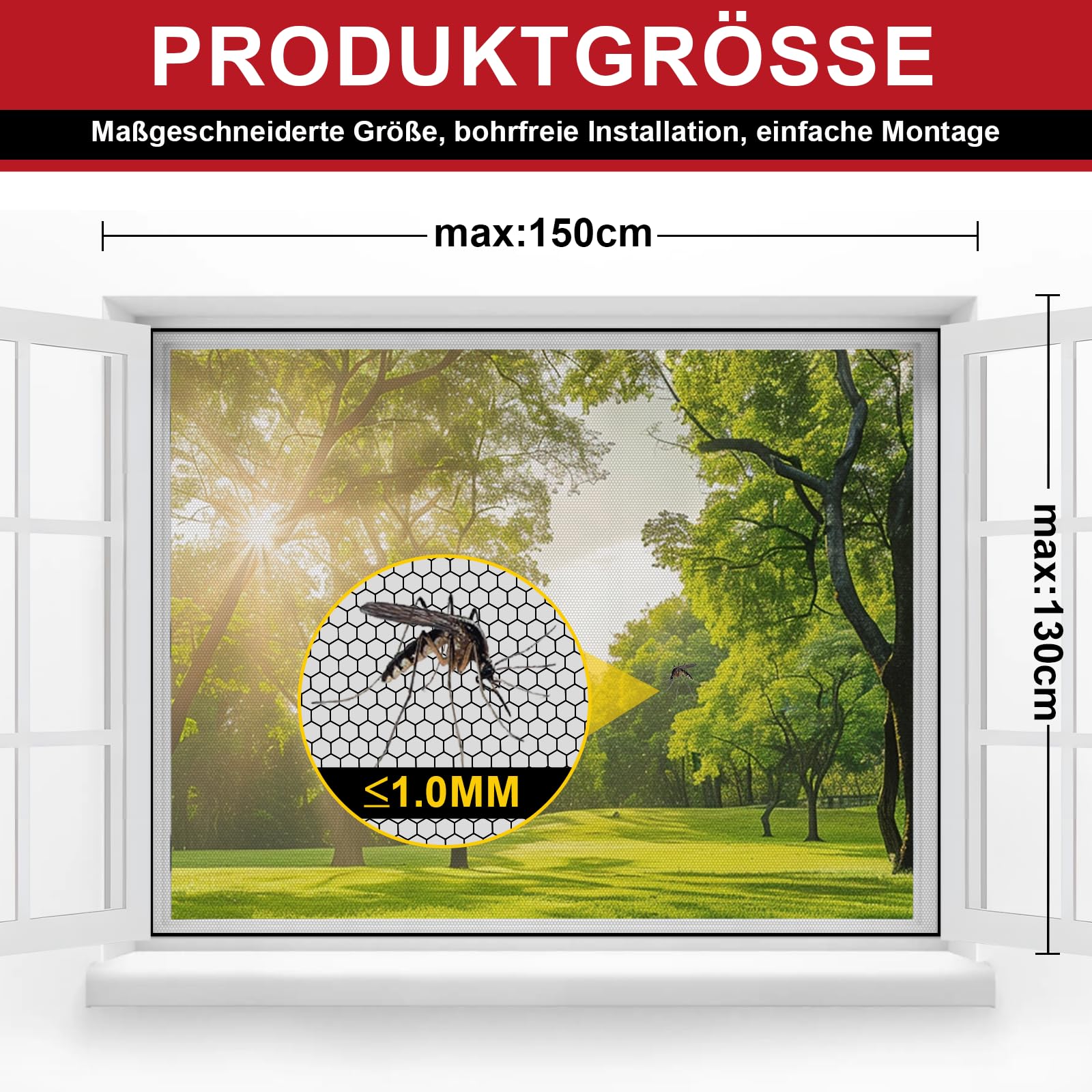 ZUIYIN Fliegengitter für Fenster 150 x 180cm Ohne Bohren Zuschneidbar Insektenschutz Fenster mit Starker Klettband Fliegennetz & Mückennetz für Fenster 2