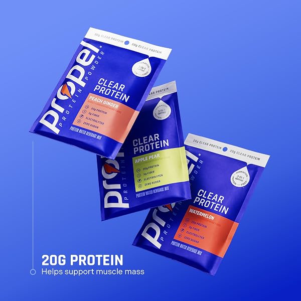 PROPEL CLEAR PROTEIN POWDER, PEACH GINGER, (5 SERVINGS), 20G PROTEIN, ZERO SUGAR, 3G FIBER, 90 CALORIES, NO ADDED COLORS, NO ARTIFICIAL SWEETENERS OR FLAVORS, ELECTROLYTES