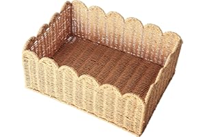 QUINCRY Scalloped Edge Basket, Wicker Storage Baskets, Hand Woven Baskets for Shelves,Natural Baskets for Organizing (M-14" L x 10.5" W x 6" H)