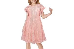 GRACE KARIN Girls Sequin Dress Short Flutter Sleeve Flare Silhouette Midi Dress with Hairbow 5-12Y