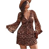 Verdusa Women's Plus Size Paisley Print Short Dress Boho Bell Sleeve V Neck Ruffle Dresses Rave Outfits