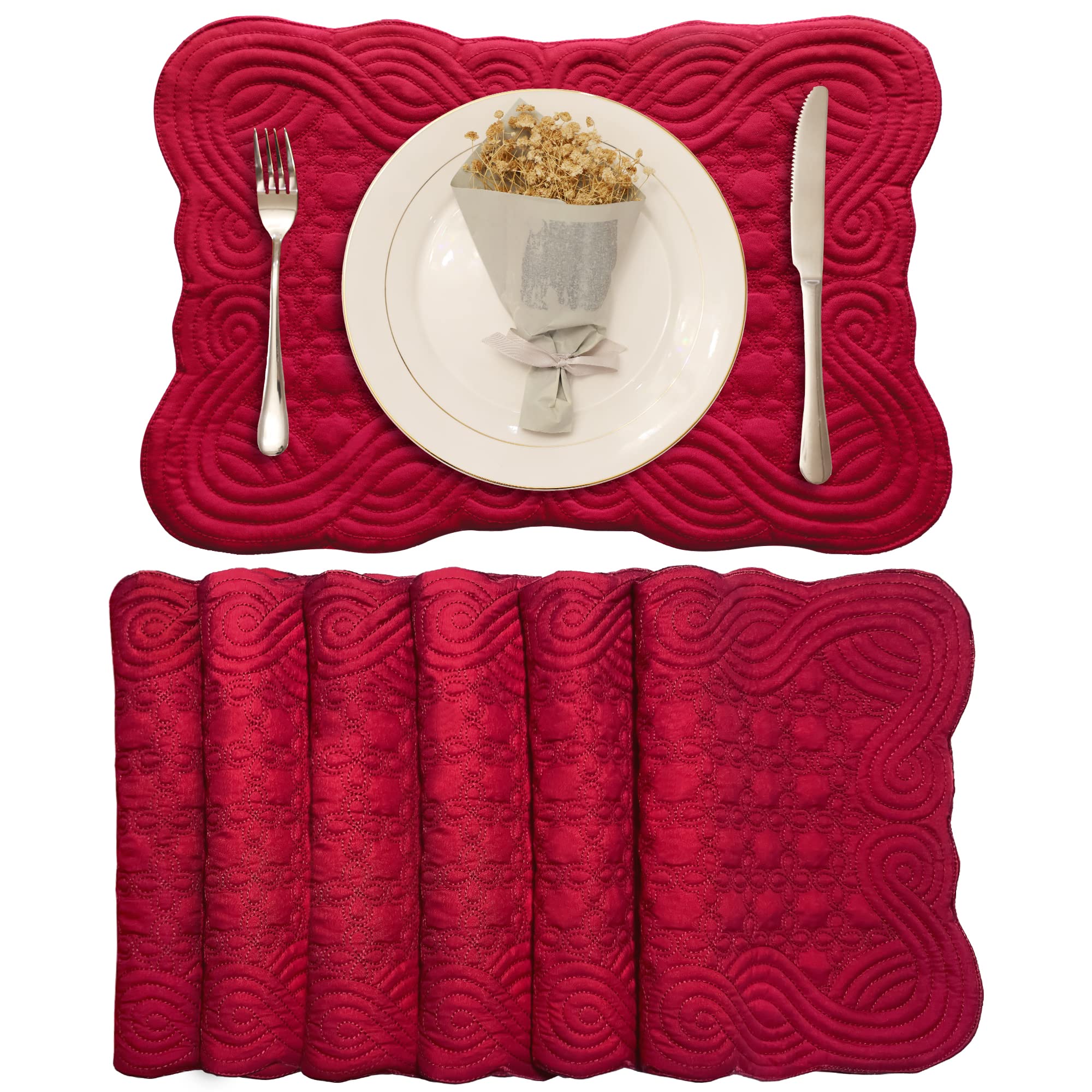 Photo 1 of Loom and Mill Christmas Quilted Table Placemats Set of 6, Natural Fabric Farmhouse Style Dining Table Mats, Double Layer & Washable for Kitchen Dinner Party Holidays All Season Use(12"x18",Red)