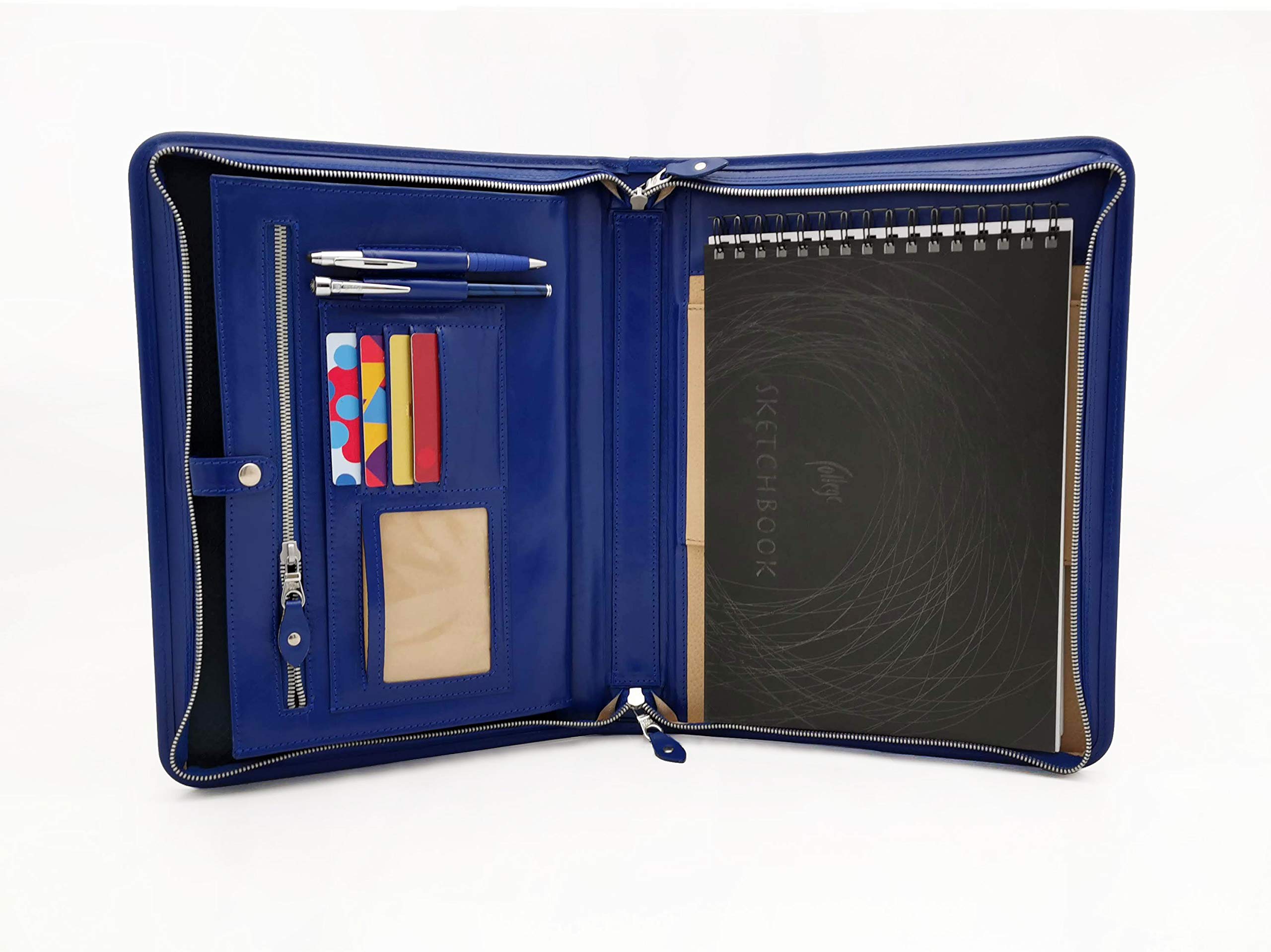 Noda Leather Portfolio A4, Business Padfolio w/Zippered Closure Document Organizer Writing Case (blue)