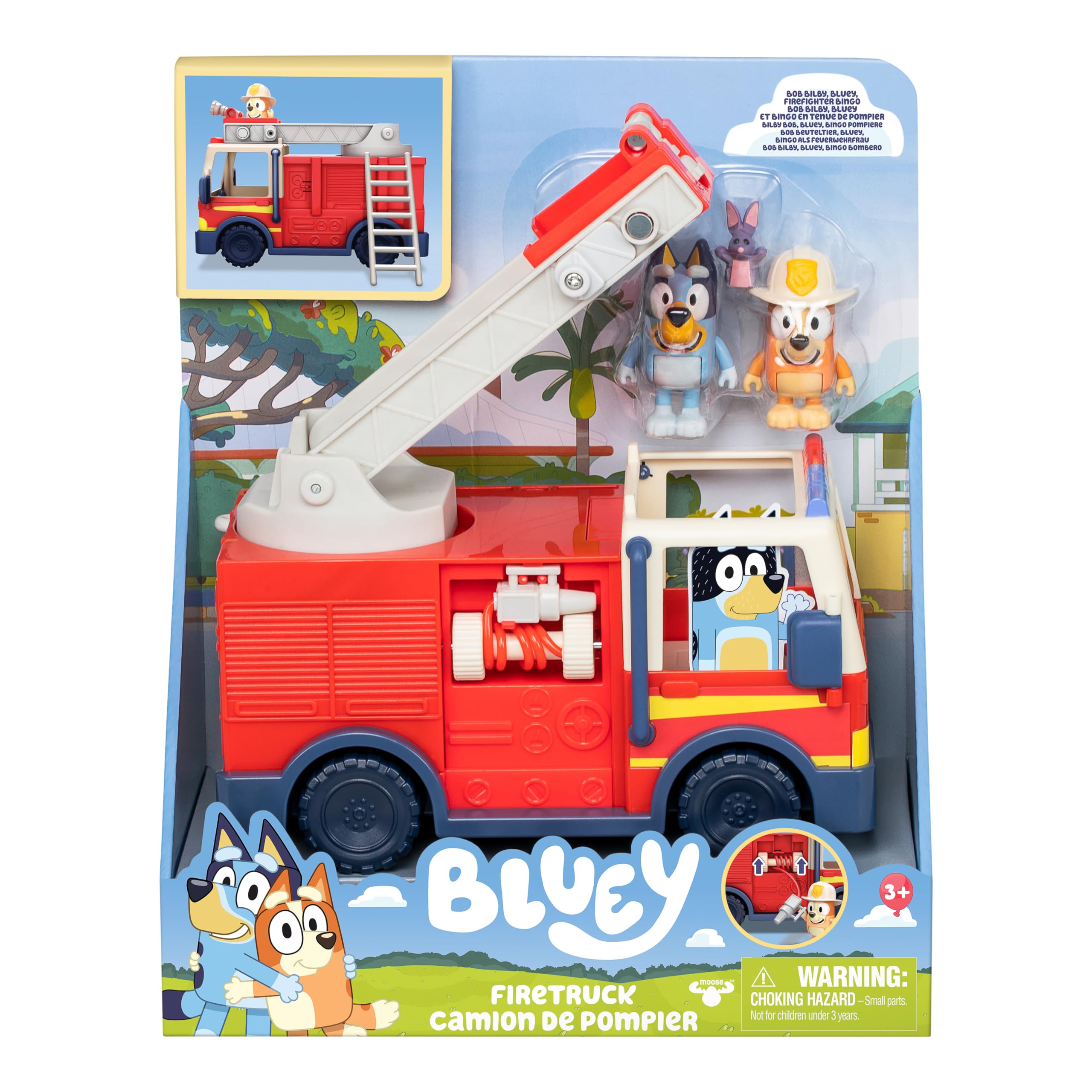Bluey Firetruck Toy Playset with Firefighter Bingo, Bluey & Bob Bilby, Toddler Fire Truck w/ Spinning Ladder, Water Hoses for Kids Ages 3+