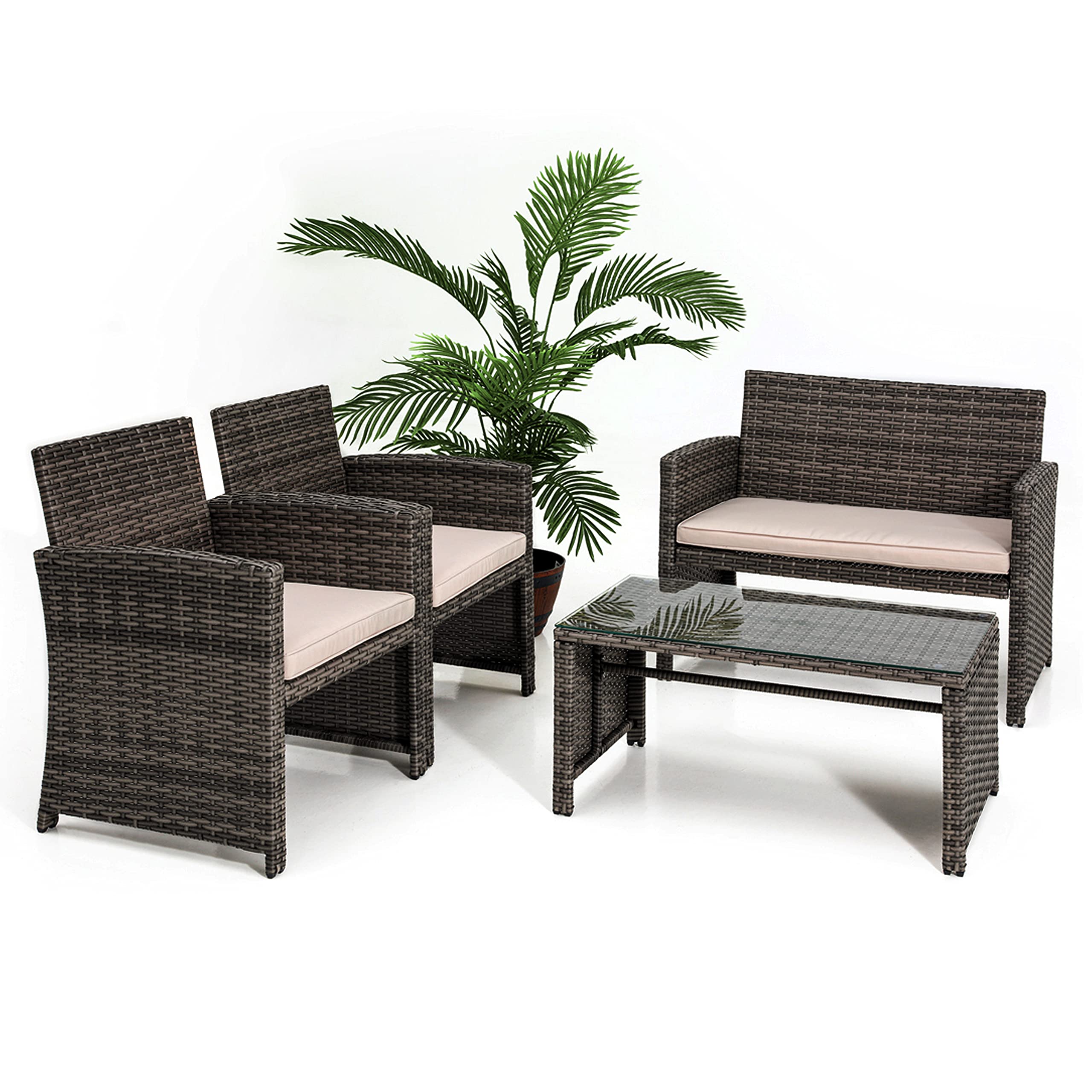 Photo 1 of SereneLife Patio Porch Furniture Sets - 4 Piece Patio Accessories and Decor Outdoor, Balcony Patio Conversation Set, Bistro Set, PE Rattan Wicker Chairs w/Soft Cushion & Glass Coffee Table - SLOTFX5