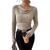 ZAFUL Women's Cowl Neck Long Sleeve Tunic Tops Ribbed Knit Ruched T Shirts Slim Fit Draped Basic Tops