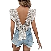 WDIRARA Women's Ditsy Floral Print Bow Tie Backless Blouse Shirt Ruffle Cap Sleeve Square Neck Blouses Crop Top