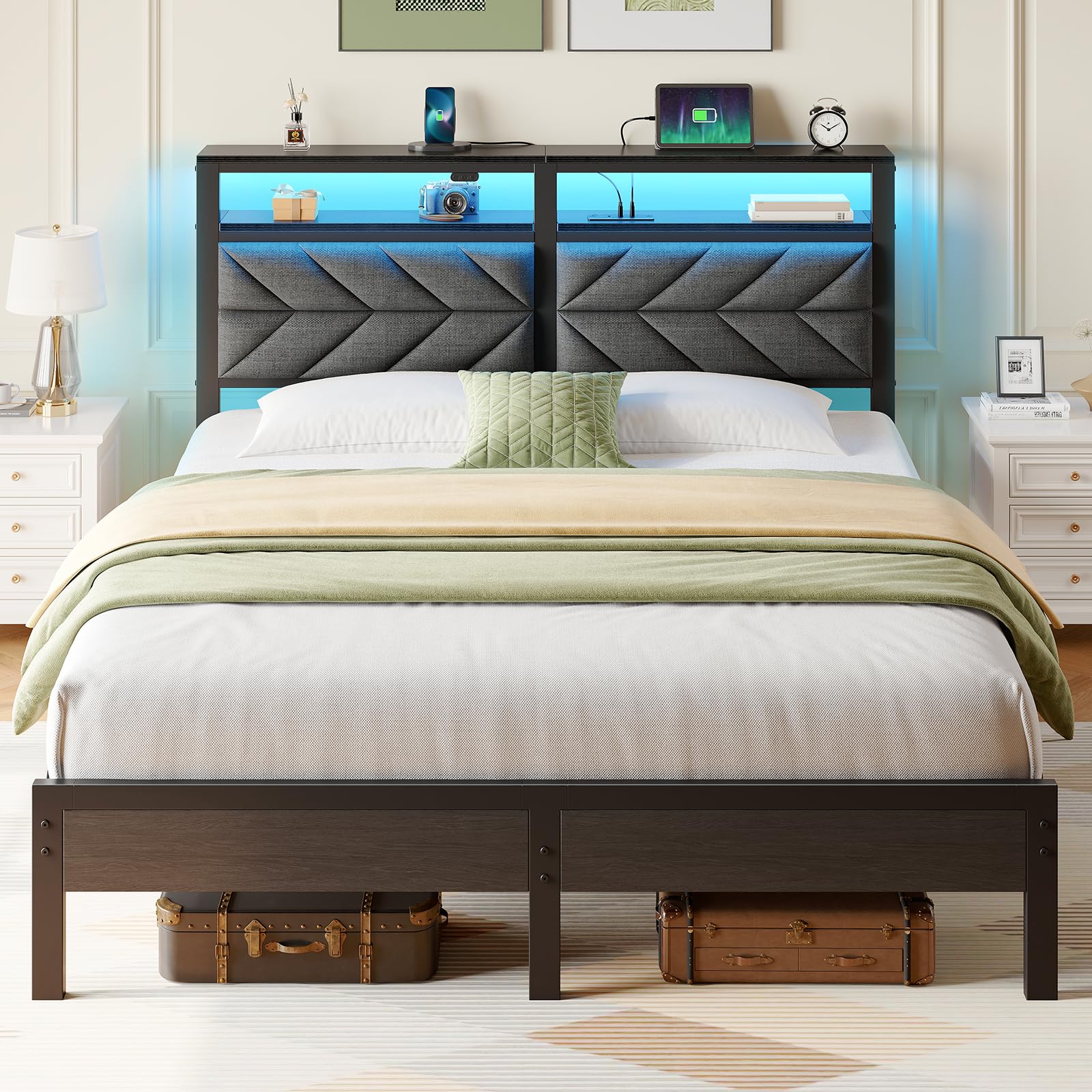 Seventable Queen Bed Frame with Charging Station & LED Lights, Upholstered Headboard with 2-Tier Storage Shelves, Metal Platform with Under Bed Storage, No Box Spring Needed, Easy Assembly, Dark Grey Image