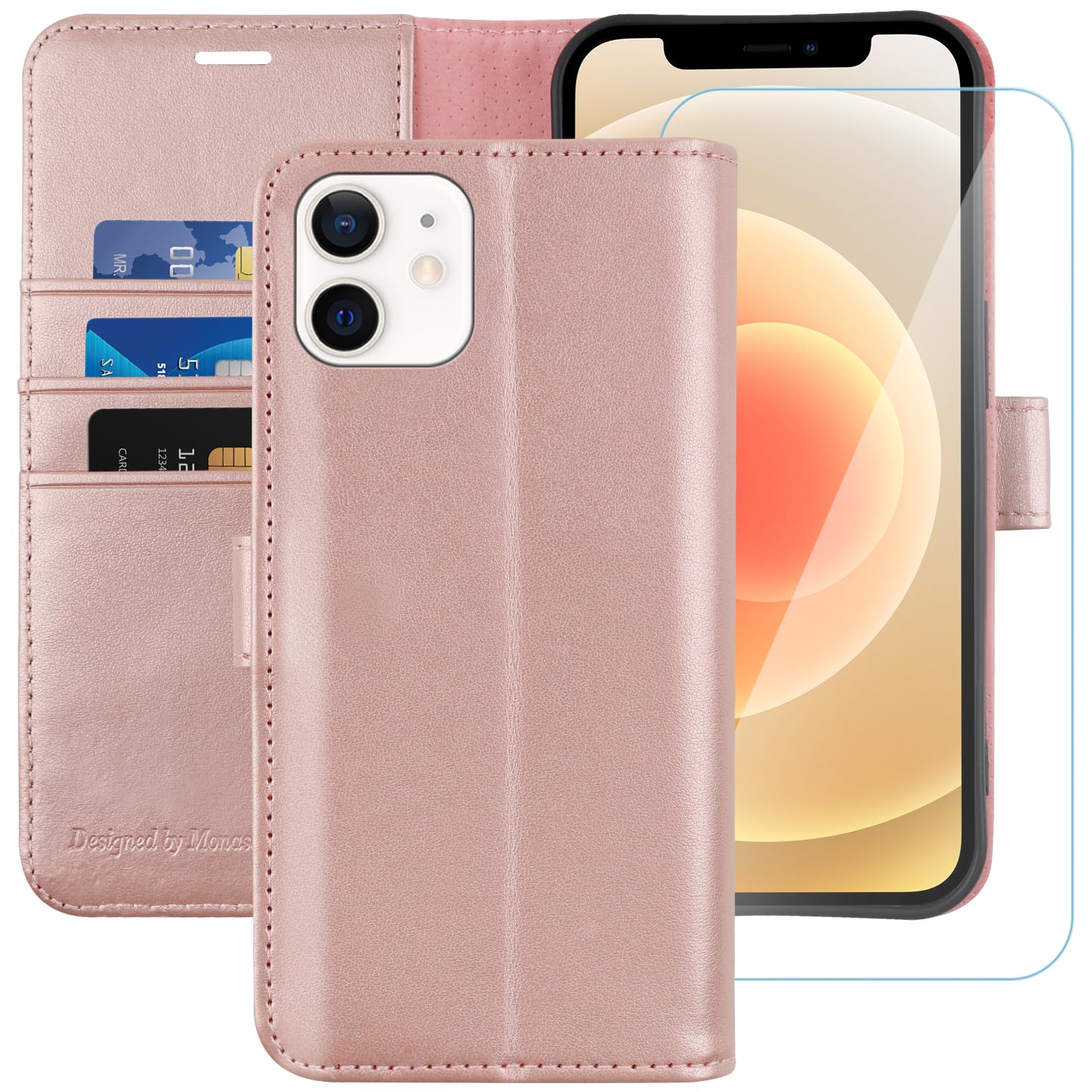 MONASAY iPhone 12 mini Wallet Case,5.4-inch, [Glass Screen Protector Included] [RFID Blocking] Flip Folio Leather Cell Phone Cover with Credit Card Holder for iPhone 12 mini,Rose Gold — image 1