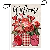 FUYUCHEN Valentines Day Garden Flag 12x18 Inch Double Sided Mason Jar Roses Floral Be Mine Outside Decorative Flag for Welcome Valentine Anniversary Wedding Holiday Yard Outdoor Decoration FF-231