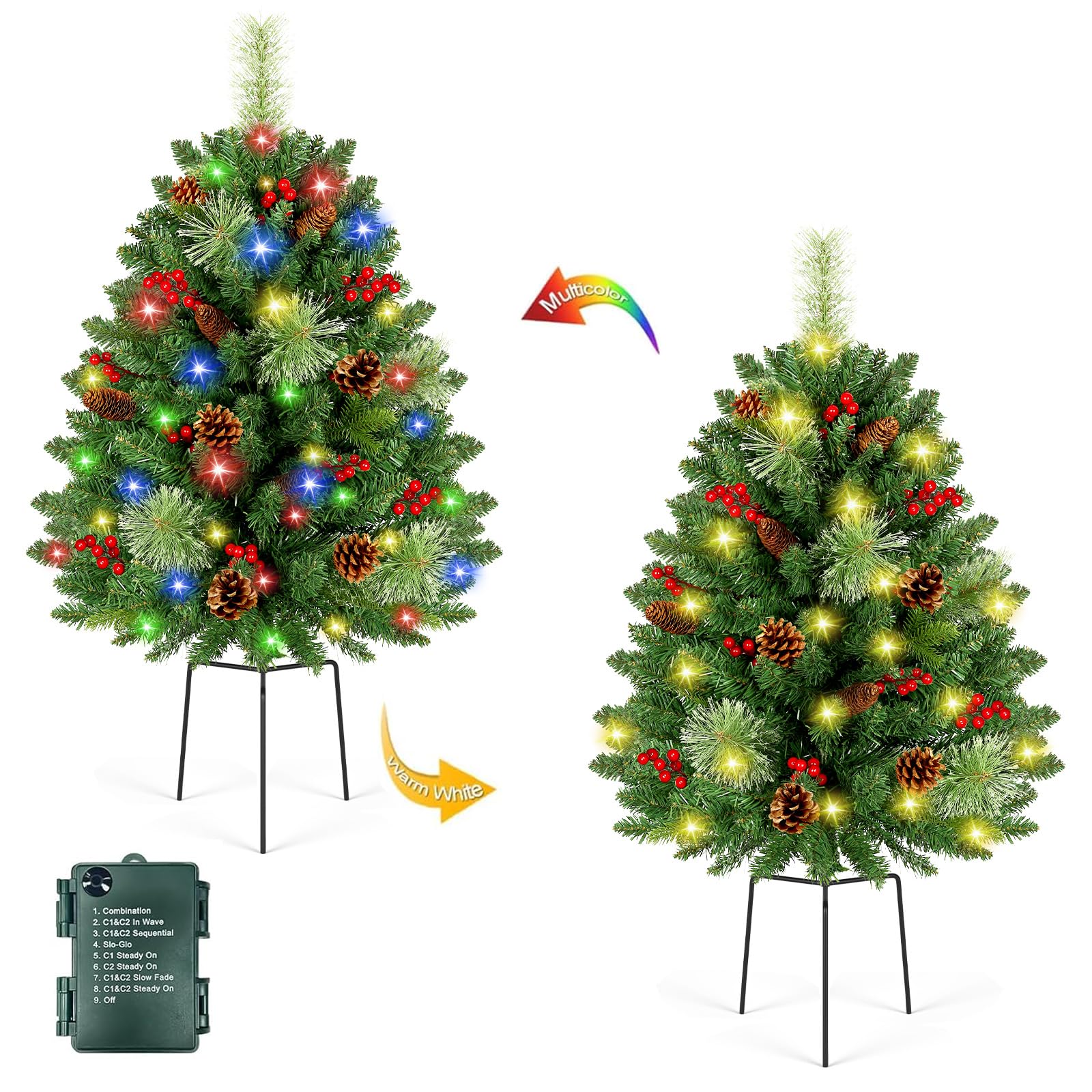 Photo 1 of [2 Pack & Timer] 33 Inch Christmas Tree Urn Fillers with 50 Warm & Colorful Change Lights Pinecones Red Berries Tripod Stake Battery Operated 8 Mode for Porch Outdoor Xmas Trees Christmas Decorations