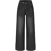 EXARUS Girls Jeans Crossover/Frayed Baggy Pants Wide Leg Denim Teen Elastic Waist Straight Mid Waisted for Kids 8-14Y