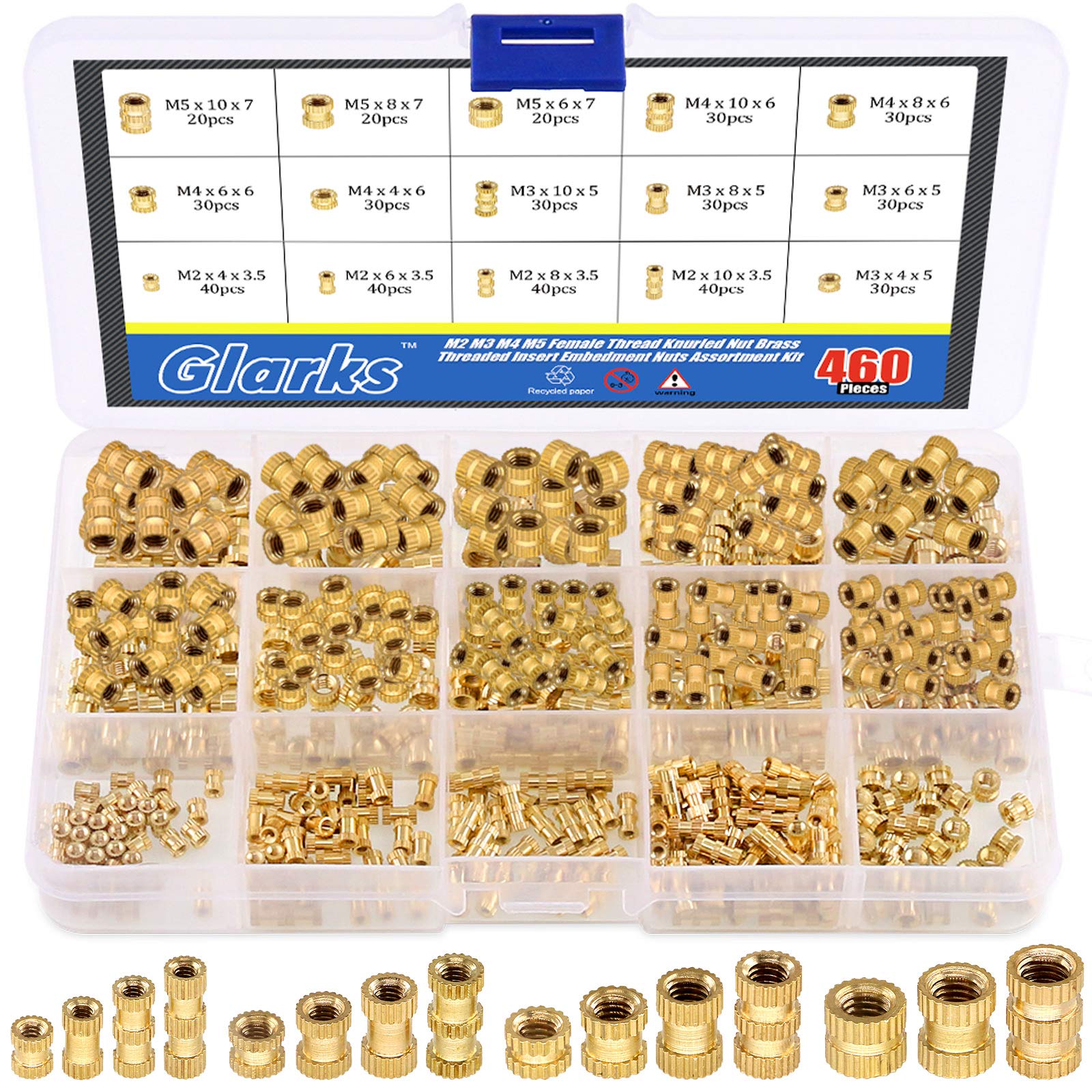 Glarks 460Pcs M2 M3 M4 M5 Female Thread Knurled Brass Threaded Insert Embedment Nut Assortment Kit for 3D Printing Projects