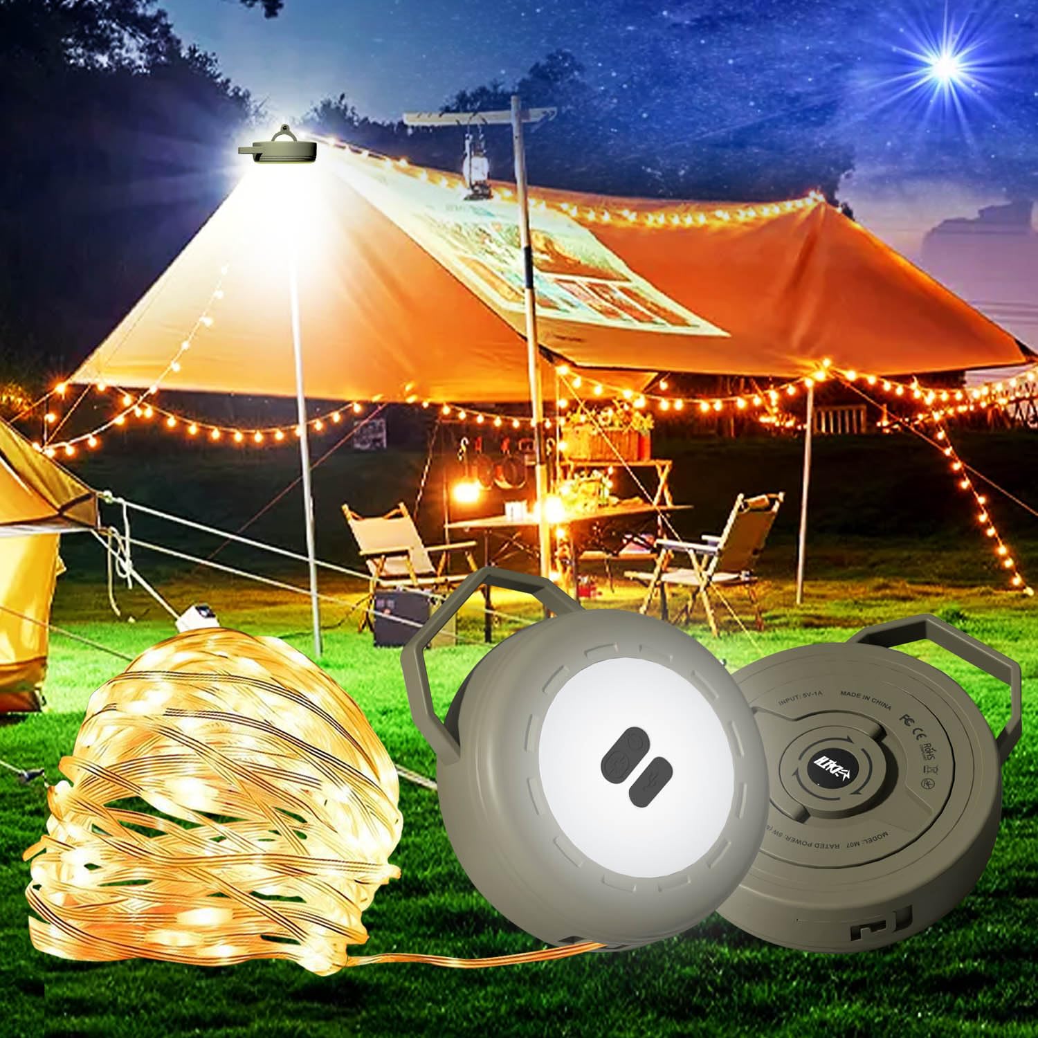 Camping String Lights Reel, Outdoor Portable Stowable String light, 10M Retractable Led Strip Fairy Light, USB Rechargeable Wind Up Tent Lantern for Campsite, Awning, Bedroom, (Green, 10M-Warm)