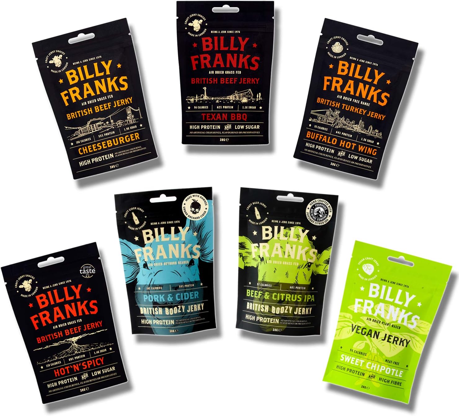 Billy Franks Jerky - High Protein - Healthy Snack - Biltong 30g (Variety Pack, 9 Packs)