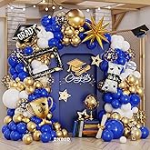 135Pcs Royal Blue Gold White Graduation Balloon Garland Arch Kit,with Explosion Star,Diploma,Trophy,Grad Hat,Photo Frame Foil Balloon for Class of 2025 Graduates Celebration Party Decoration