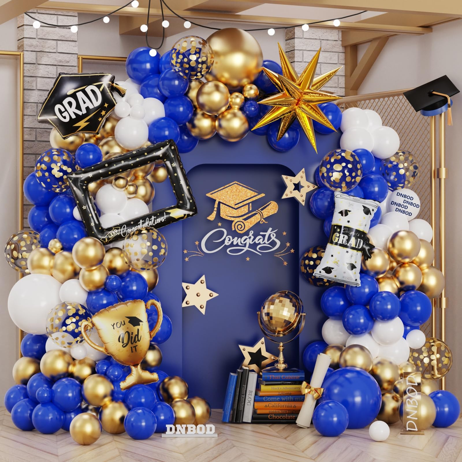 Photo 1 of 135Pcs Royal Blue Gold White Graduation Balloon Garland Arch Kit,with Explosion Star,Diploma,Trophy,Grad Hat,Photo Frame Foil Balloon for Class of 2025 Graduates Celebration Party Decoration
