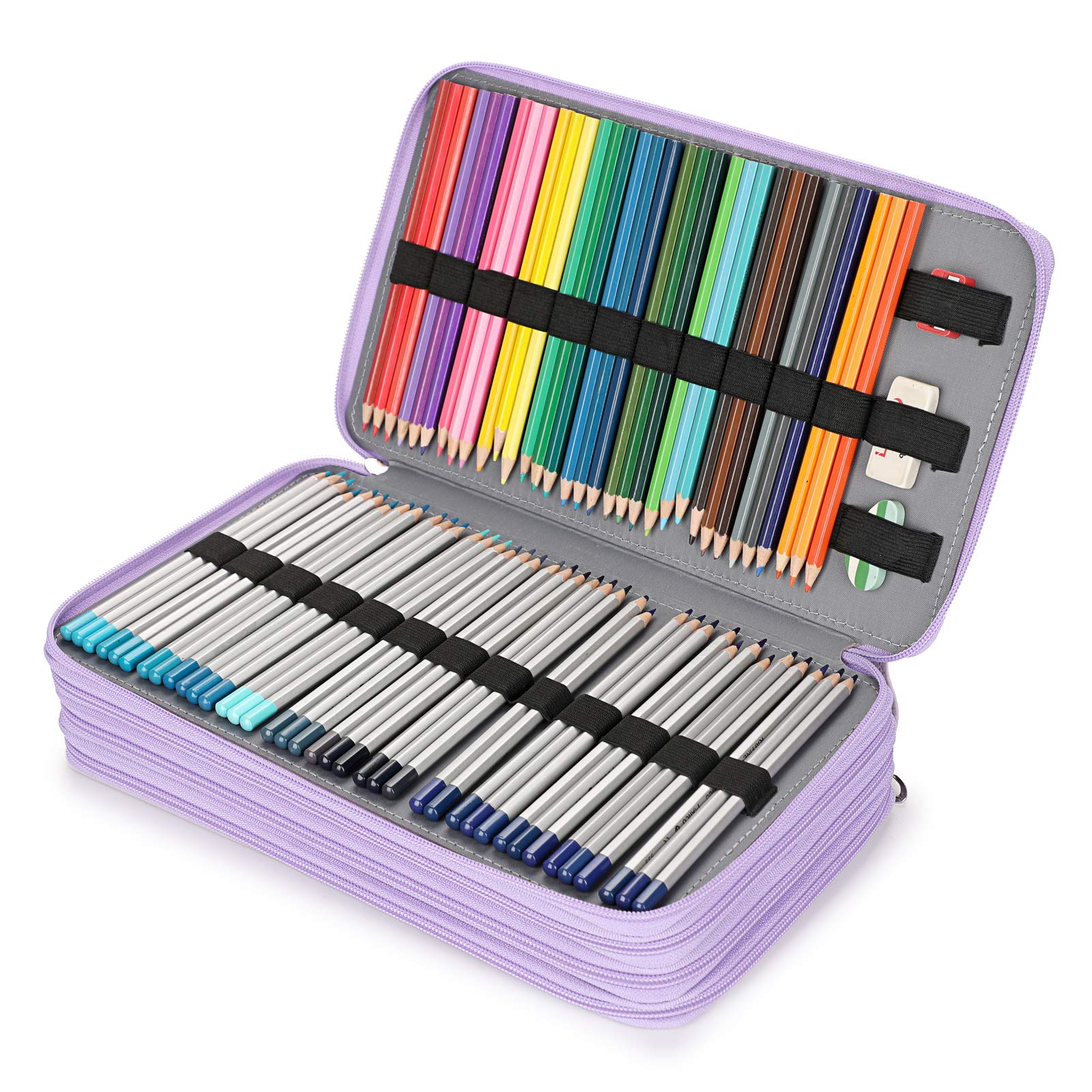 BSTKEY PU Pencil Case Students Pen Wrap for Colored Pencils - Large Capacity 300 Pencil Holder Pouch Storage Bag Stationery Organizer, Purple (No Pencils)