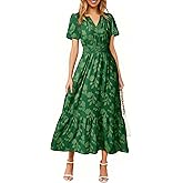 Simplee Womens Summer Boho Maxi Dress Semi Formal Wedding Guest Short Sleeve V Neck Empire Waist Floral Long Dresses