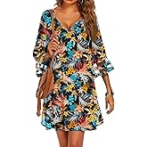 Ekouaer Women's Swimsuit Cover Up 3/4 Bell Sleeve Beachwear Coverups Deep V-Neck Bikini Beach Dress S-3XL