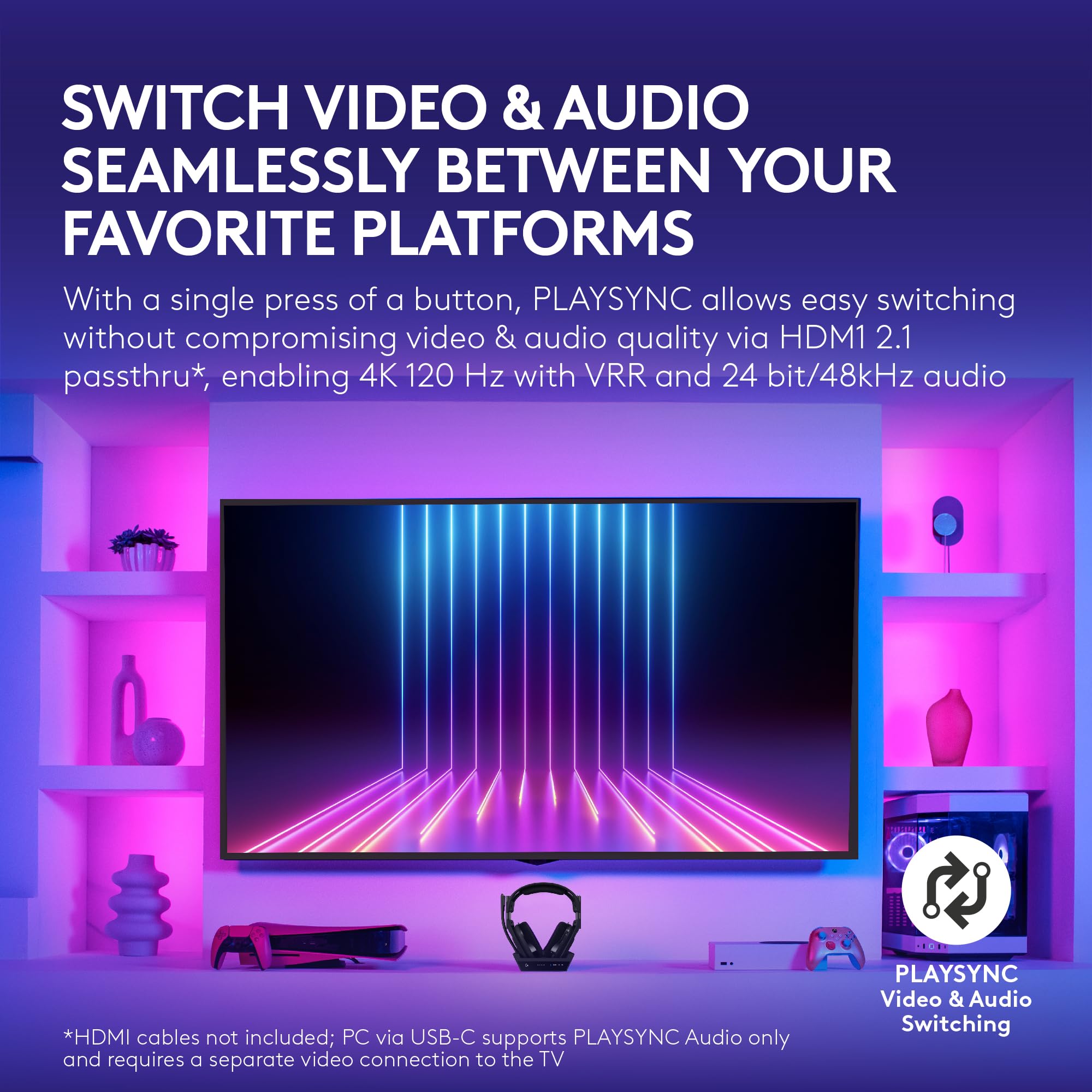 Logitech G Astro A50 X Omni-Platform Wireless Gaming Headset + Base Station for PS5, Xbox, PC: PLAYSYNC Video & Audio Switcher, HDMI 2.1 4K 120Hz VRR, 24 bit/48 kHz, 24hr Battery, 2.4GHz & BT - Black