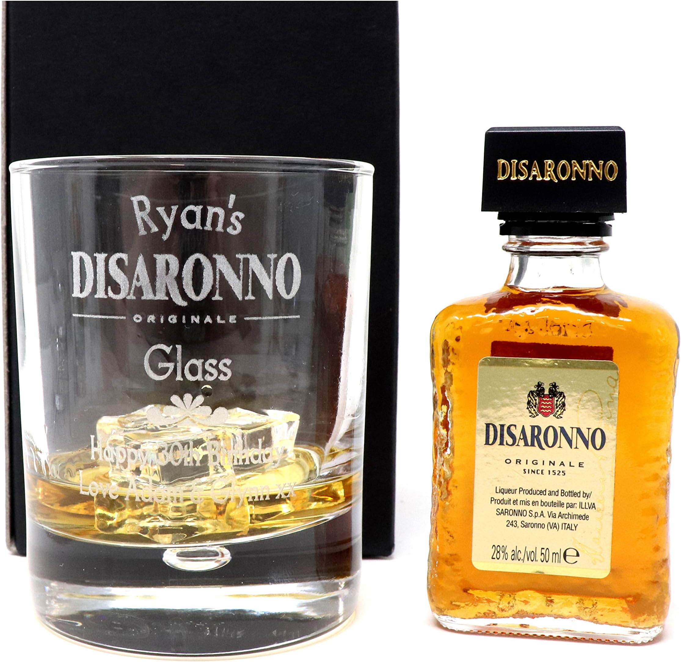 (GD) Engraved/Personalised *Disaronno Design* Bubble Based Glass Tumbler + Miniature Bottle of Disaronno Amaretto