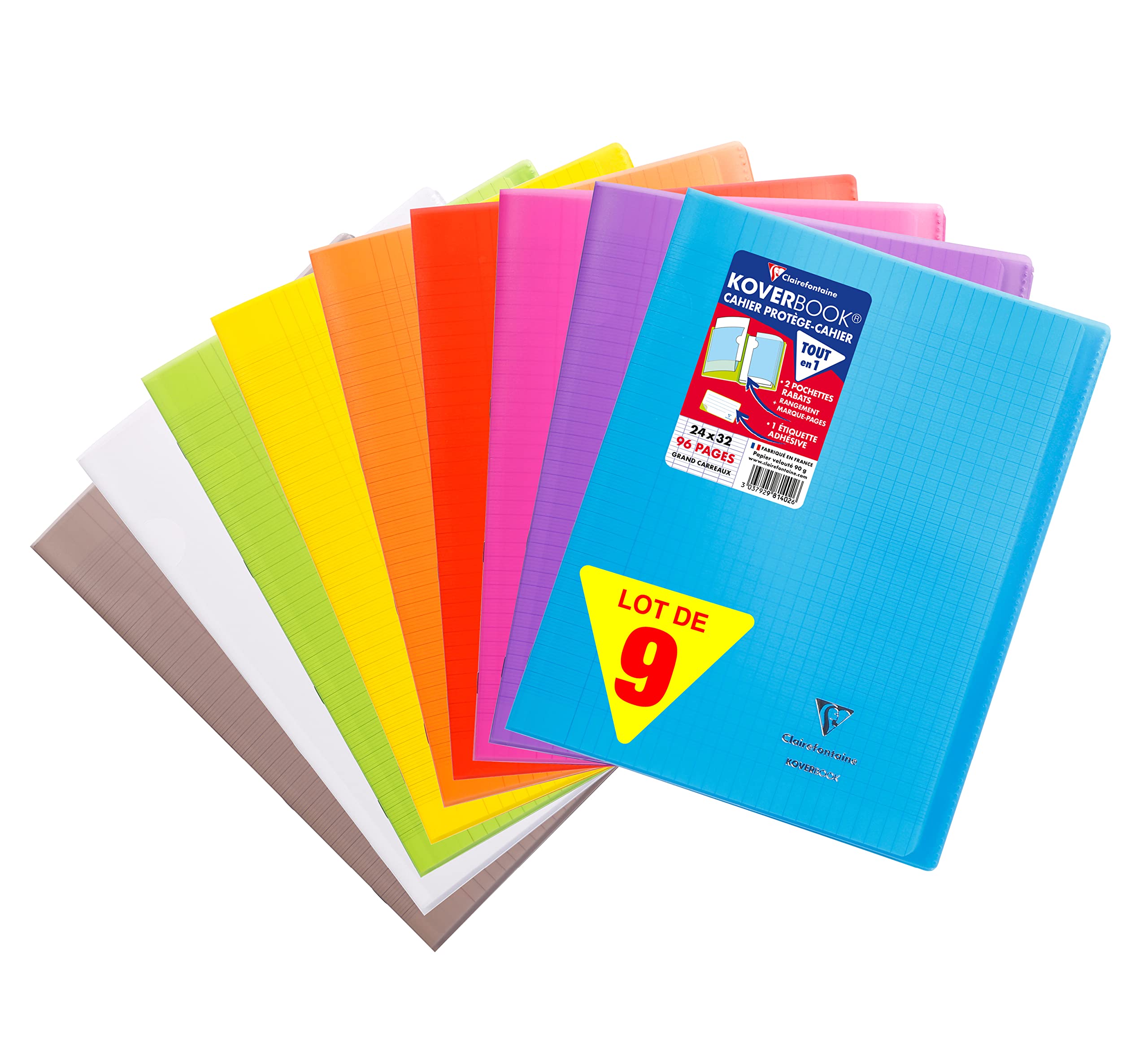 Clairefontaine 86151AMZC Spiral Notepad Large Squares, 96 Pages, 24 x 32 cm, Pack of 9 Random Colour