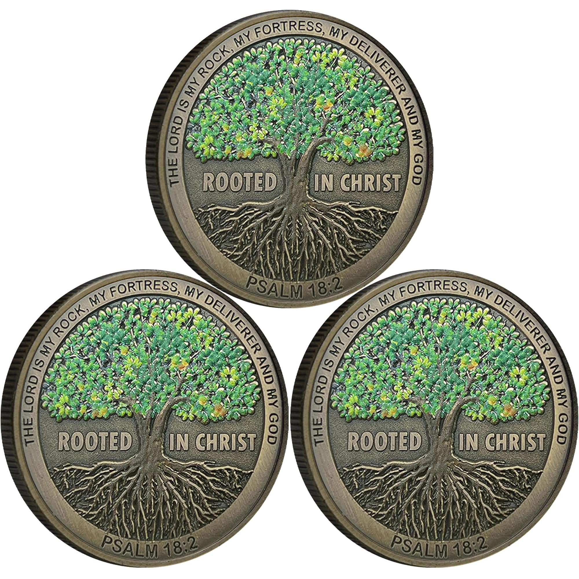 Photo 1 of Rooted in Christ The Lord is My Rock, My Fortress, My Deliverer Faith-Based Christian Challenge Coin Bible Verse Gift (Pack of 3)