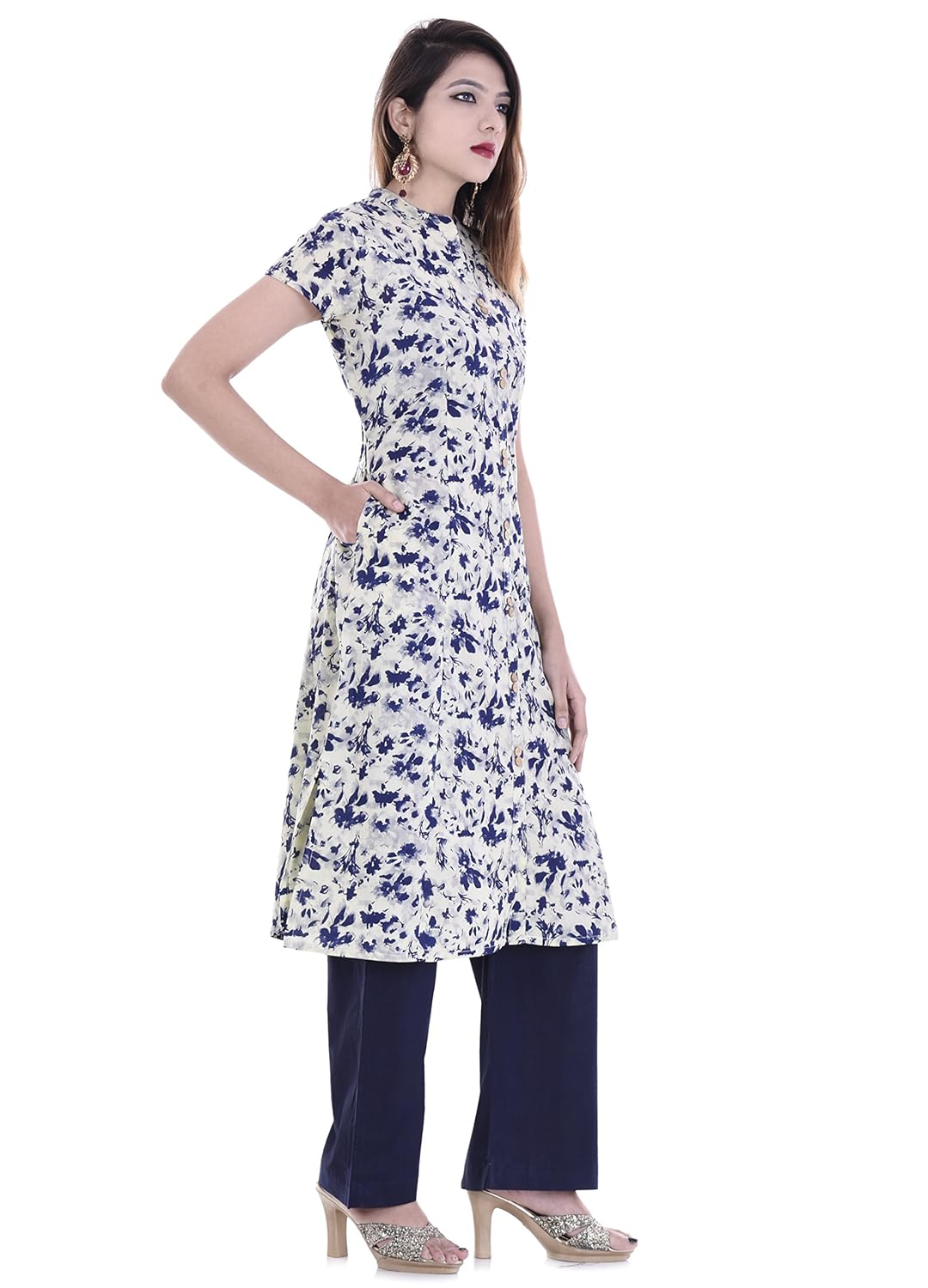 palakh women's cotton blue&white straight printed kurti with solid blue palazzo