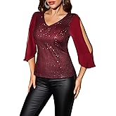 Dressystar Elegant Sequin Tops for Women, V-Neck Long Split Sleeve Blouses for Evening Party, Dressy and Sparkly Bling Shirt