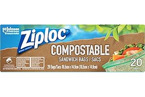 Ziploc Compostable Sandwich Bags, Grip ’n Seal Technology, BPI-Certified Commercially Compostable, 810mL, 20 Reclosable Bags
