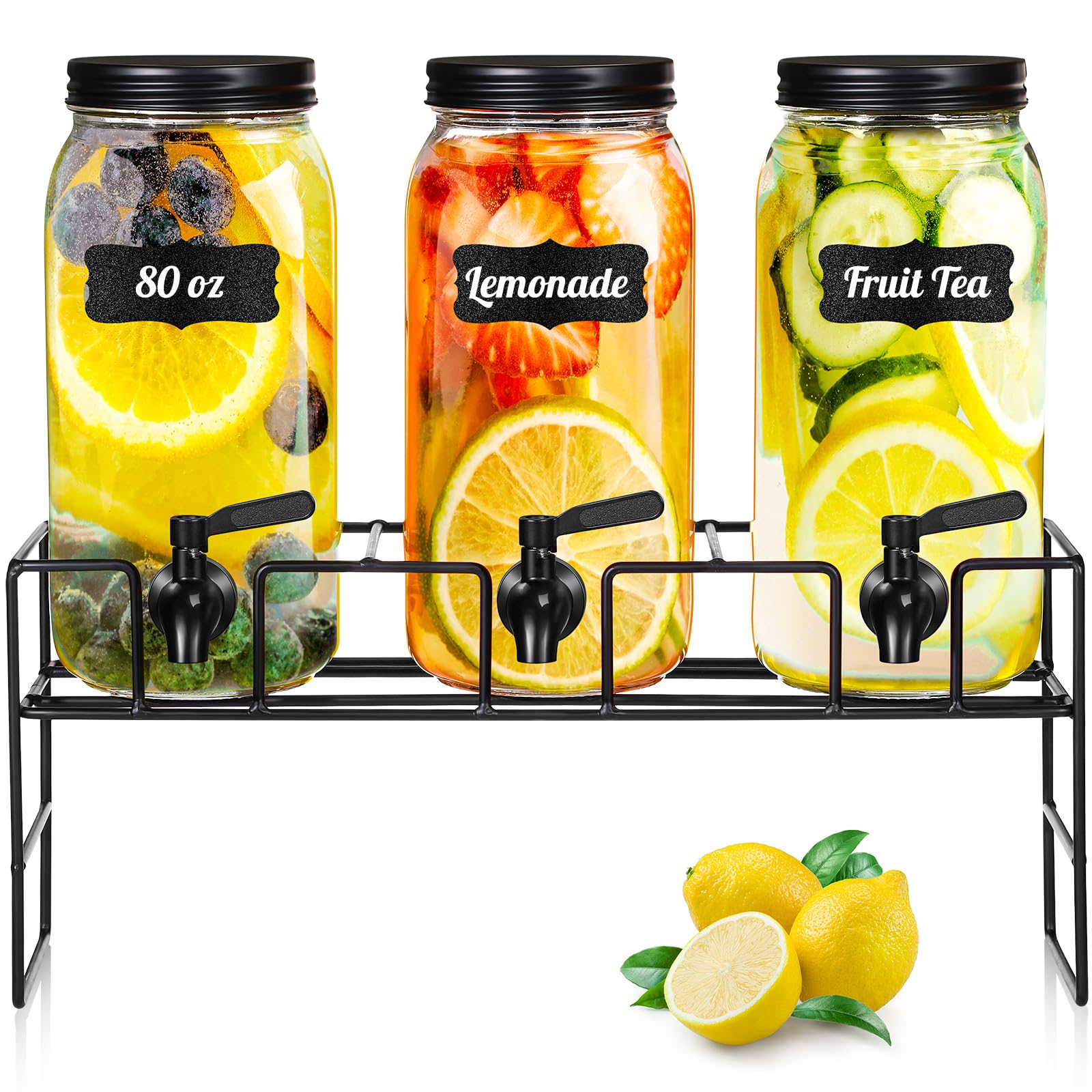 Photo 1 of RimCereal 3 Pack 80 oz Glass Beverage Dispenser with Stand Clear Mason Jar Water Dispenser for Party, Fridge Includes Leakproof Stainless Steel Spigot, Black Lid and Label(Black)