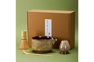 DiDiBirDi Matcha Tea Set 4 Pcs, JapaneseTraditional Ceramic Bowl, Bamboo Whisk (Chasen), Scoop (Chashaku), Holder (brown)