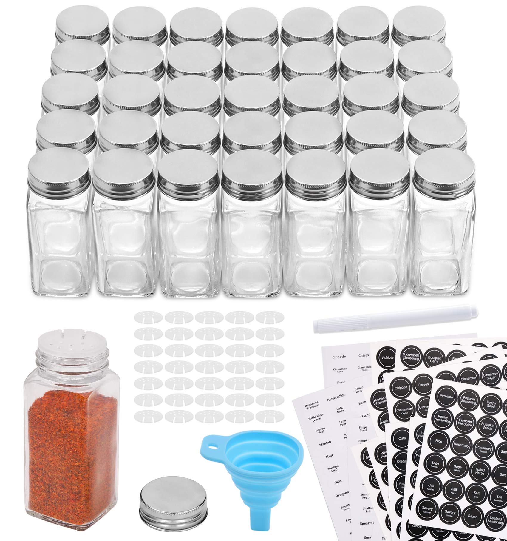 Aozita 36 Pcs Glass Spice Jars with 810 Spice Labels 4oz Empty Square