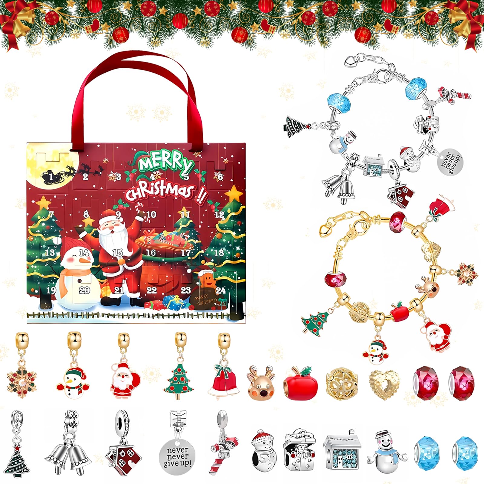 Charm Bracelet Advent Calendar 2024, 22 Charms Beads+2 Bracelets Advent Calendar Charm Bracelet, DIY Ideas Christmas Ornaments Advent Calendar Bracelet, Advent Calendar for Girls and Kids, 24 PCS