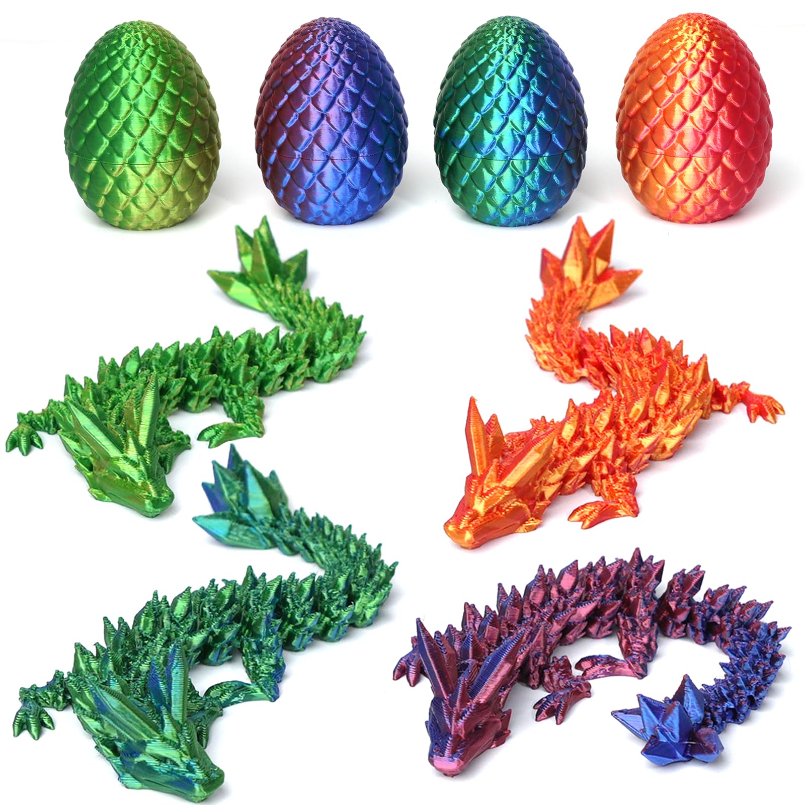 4PCS 3D Printed Dragon Eggs, 13 cm Full Articulated Crystal Dragon with Egg 3D Printed Fidget Toy Gifts for Kids and Adults for Christmas, Easter, Birthdays, Fun Desk Décor (B)