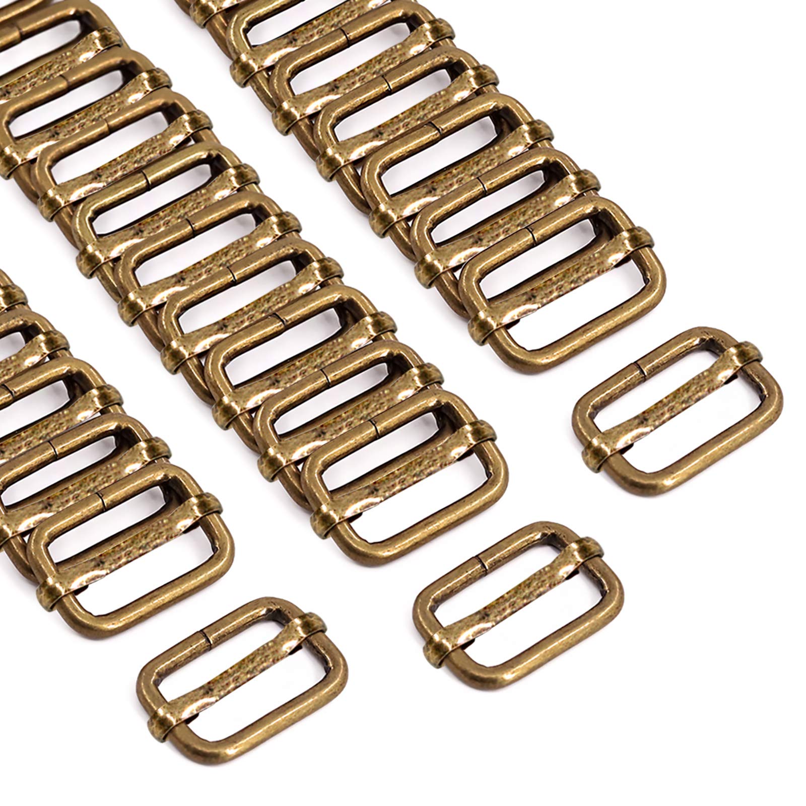 Swpeet 60Pcs 1 Inch / 25mm Bronze Heavy Duty Metal Rings Metal Rectangle Adjuster Triglides Slides Buckle, Roller Pin Buckles Slider Strap Adjuster Keychains for Belt Bags DIY Accessories