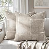 HOMEIDEAS Decorative Plaid Throw Pillow Covers 18x18 Set of 2 | Tan Farmhouse Cushion Embroidered Pattern,Soft Linen Feel Textured Neutral,Couch Sofa Bed Living Room,Farmhouse Fall Decor